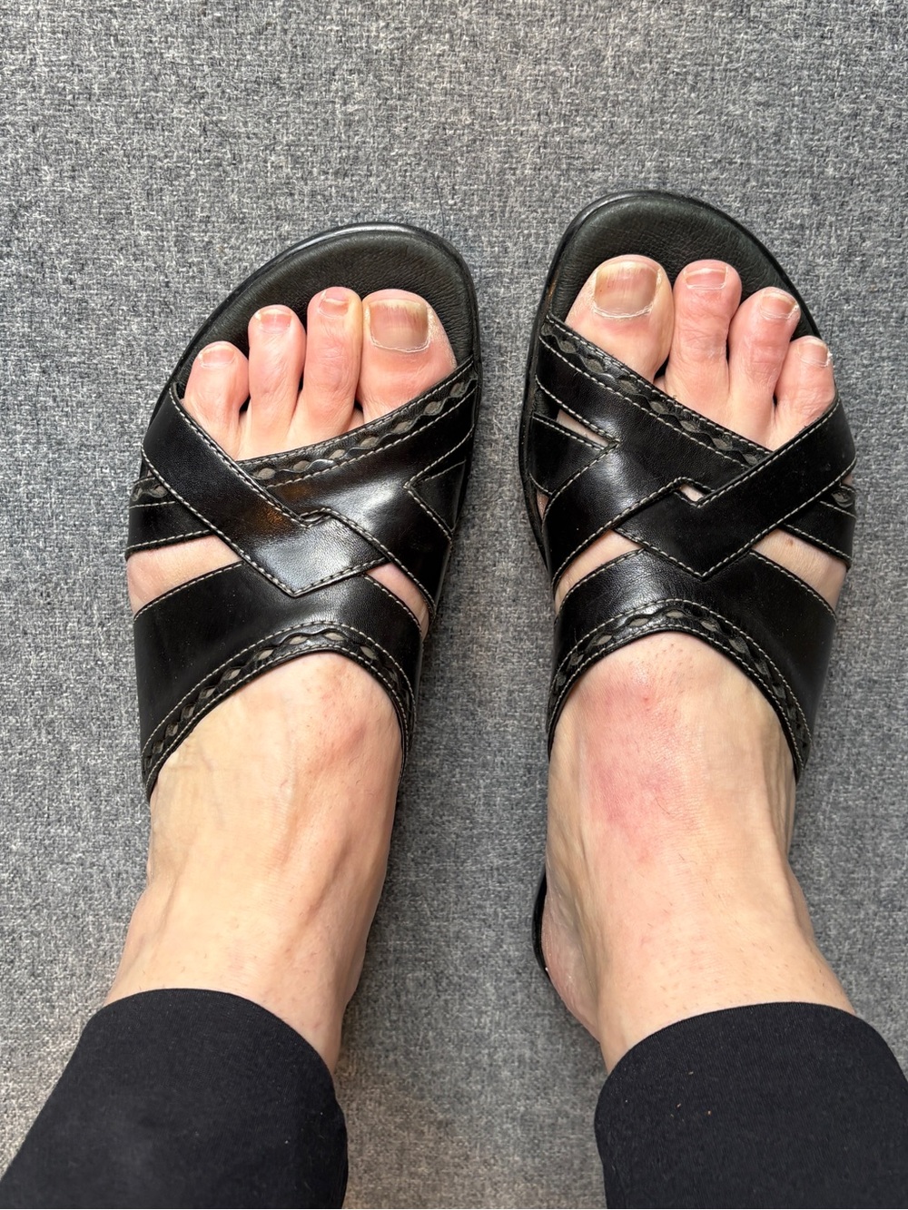 Clarks Black Leather Crisscross Slide Sandals